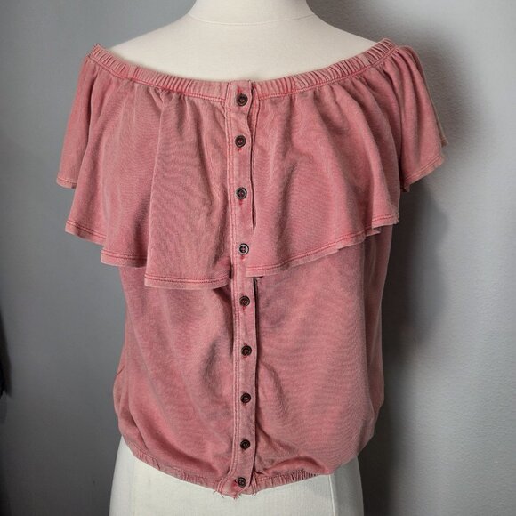 We The Free Off Shoulder Linen Blend Ruffle Hem Blouse Womens Coral Medium NWT - Picture 3 of 10